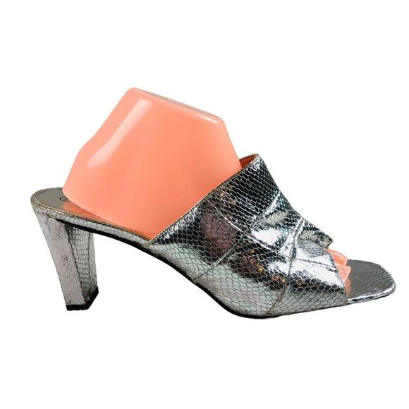 Women’s Mules Size 11 Silver Snake Embossed Slides Heels Sandals Metallic Chic - Picture 2 of 8
